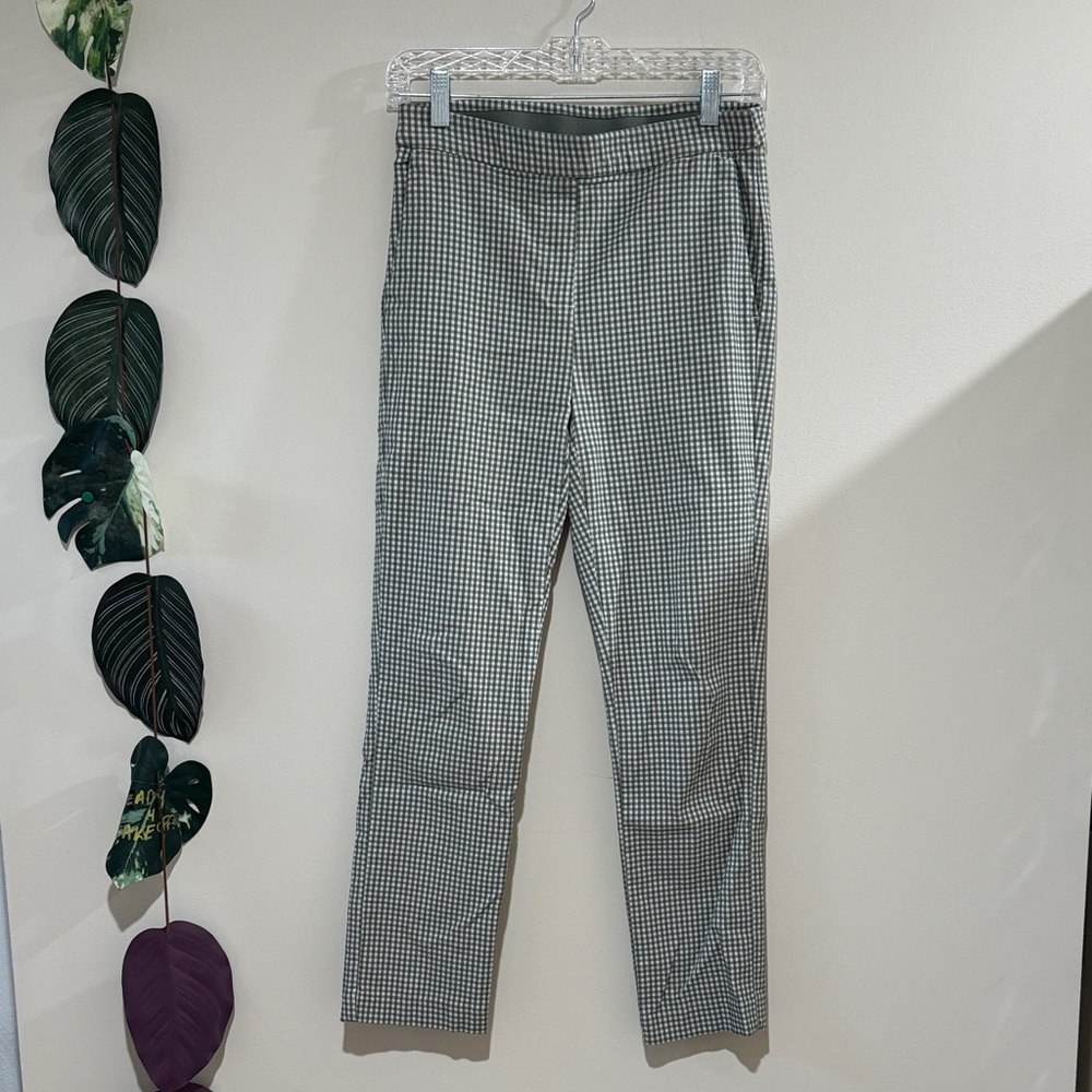 Nicole Miller Plaid Pant  Size 2- White Green Checker Trousers‎ Pockets Stretch